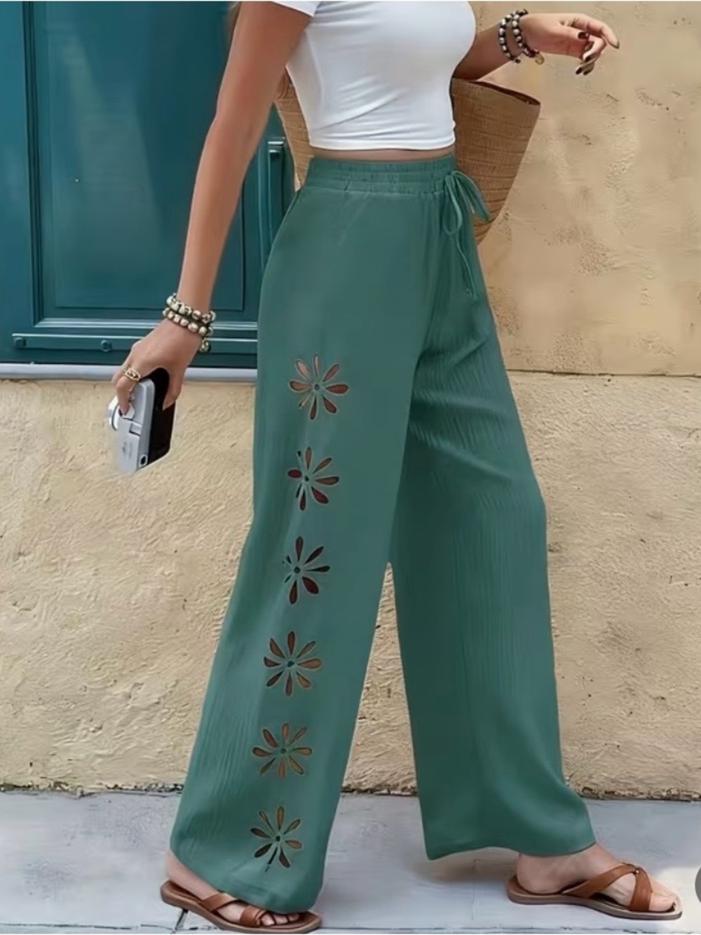Women's Green Wide-Leg Flower Cutout Pants womens large New